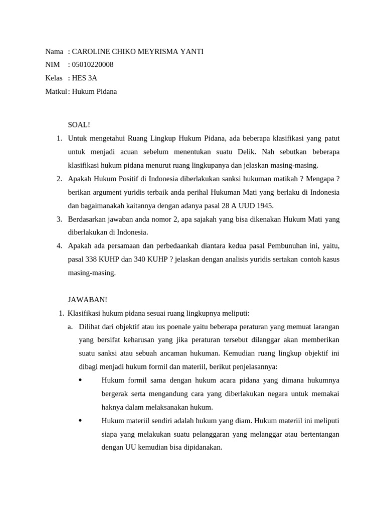 Quiz - Hukum Pidana - Hes 3a - Caroline Chiko Meyrisma Y. | PDF