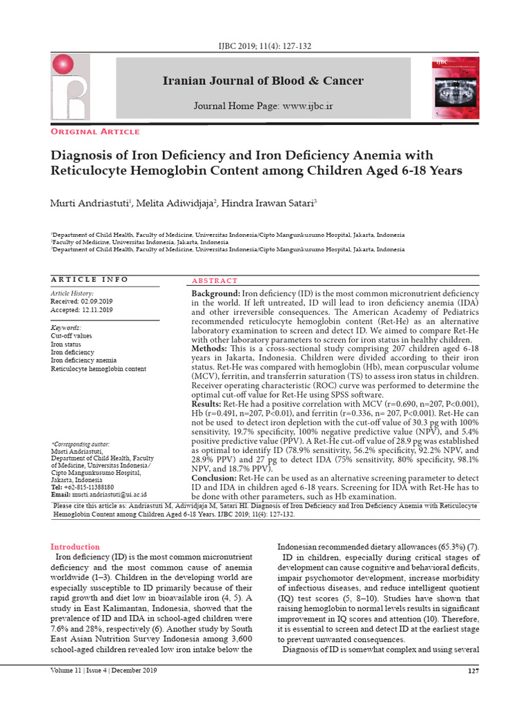 Iron Deficiency Anemia in Children: Ret-He Analysis | PDF | Anemia ...