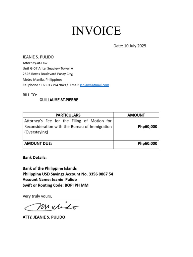 Invoice for Legal Services Rendered | PDF