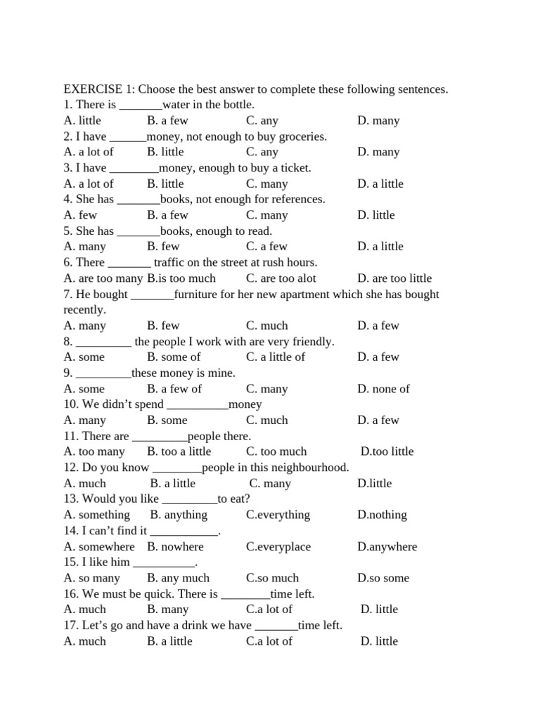 English Grammar Exercise on Quantifiers | PDF