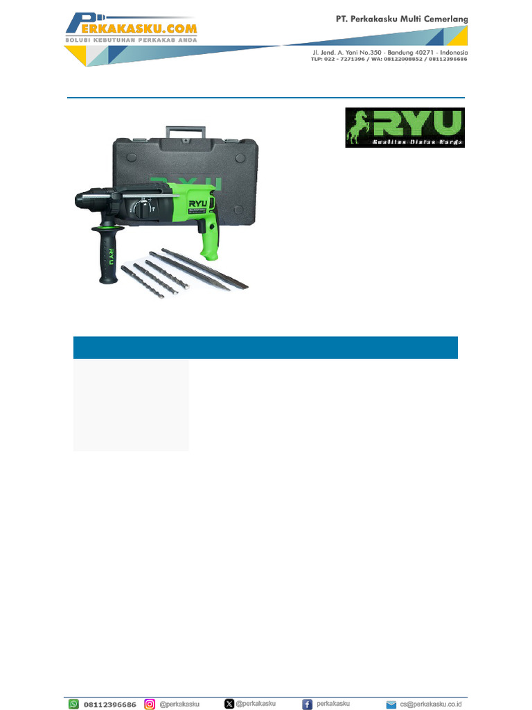 Mesin Bor Rotary Hammer Tekiro Ryu RRH 26 | PDF