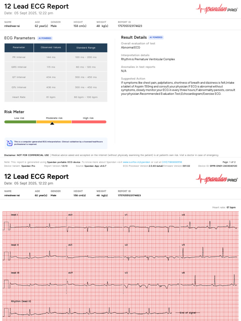 12 Lead ECG Report for Male, 62 Years | PDF | Electrocardiography | Heart