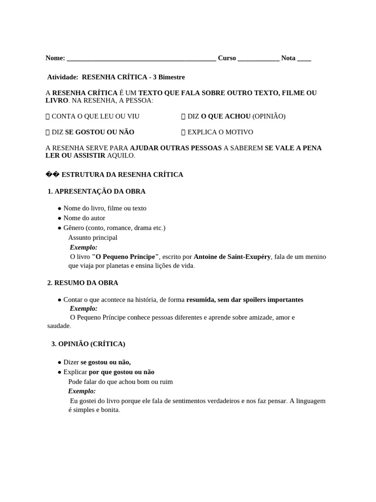 Resenha Critica Explicação Com Atividade para Avaliação | PDF | Crítica ...