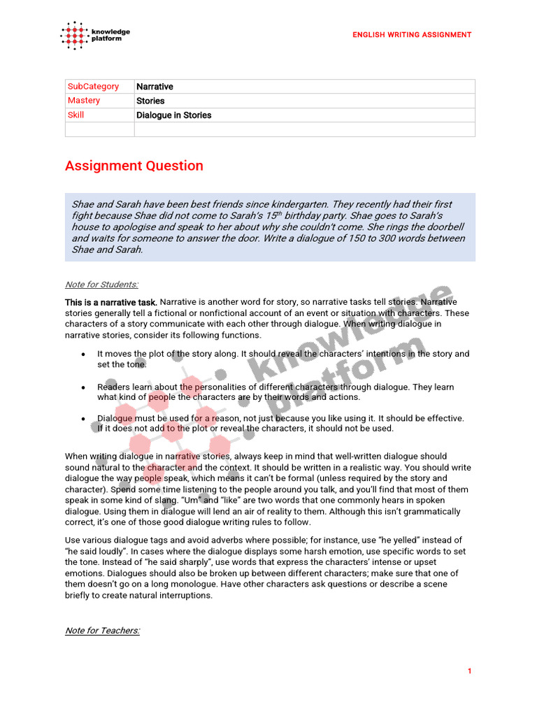 Dialogue Writing Assignment Guide | PDF | Grammar | Narrative