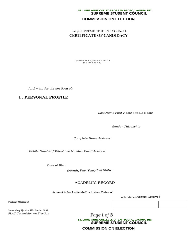 Tinig at Tindig Slac SSC Election Coc & Personal Info. Sheet | PDF