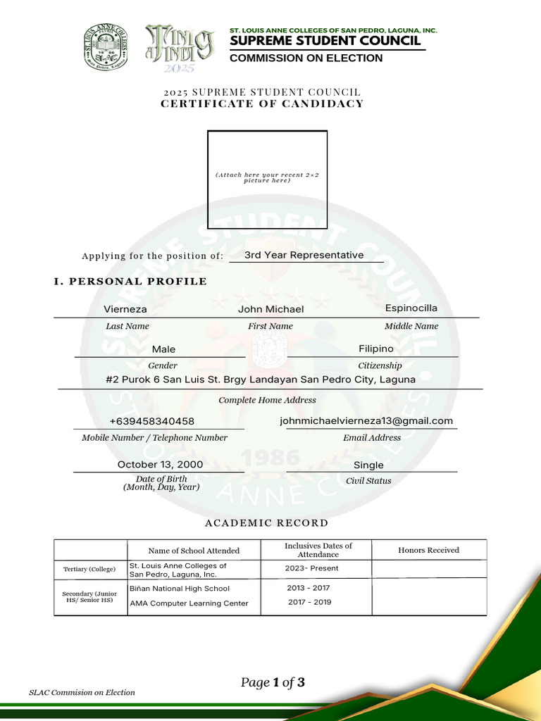 Tinig at Tindig Slac SSC Election Coc & Personal Info. Sheet | PDF