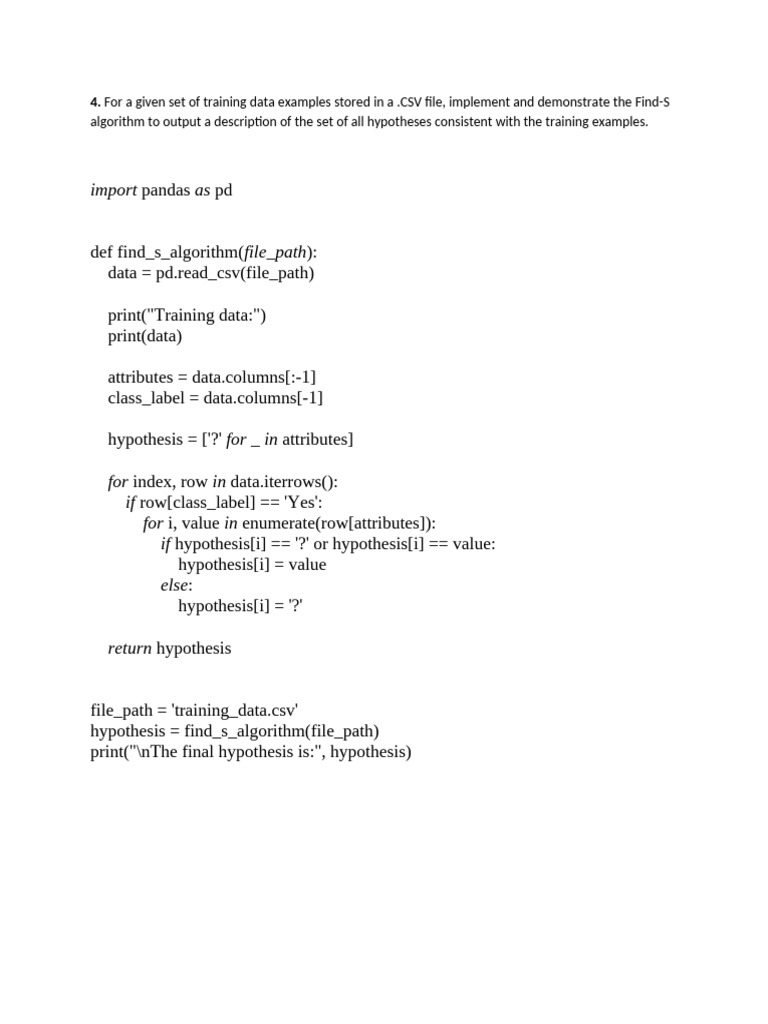 Find-S Algorithm Implementation in Python | PDF
