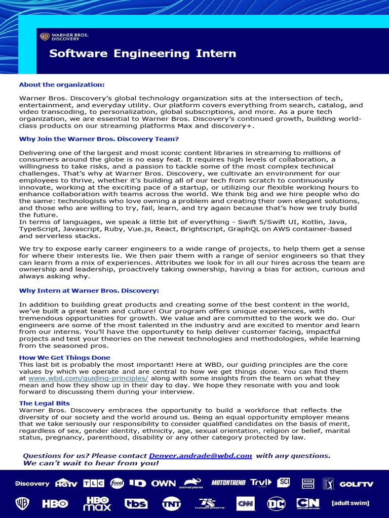 Warner Bros. Summer Internship 2026 | PDF | Mentorship | Software
