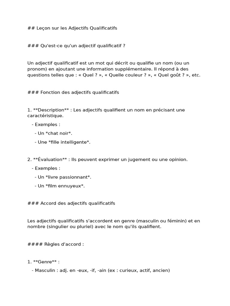 Comprendre les Adjectifs Qualificatifs | PDF | Genre grammatical ...