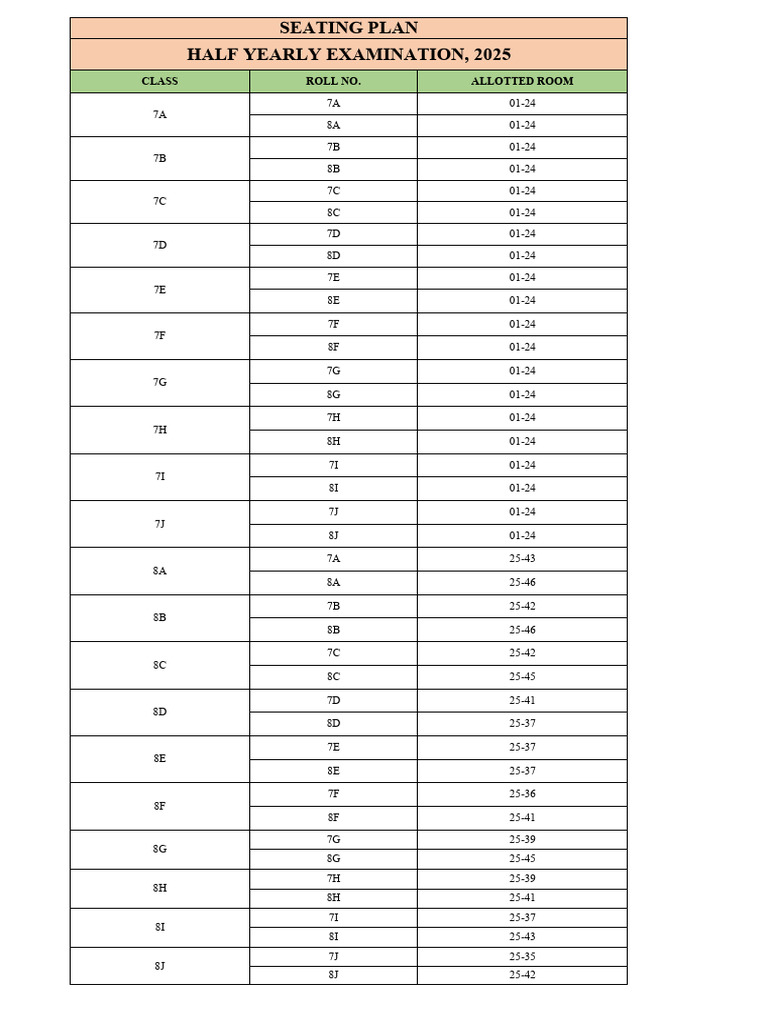 Half-Yearly Exam 2025 Seating Plan | PDF