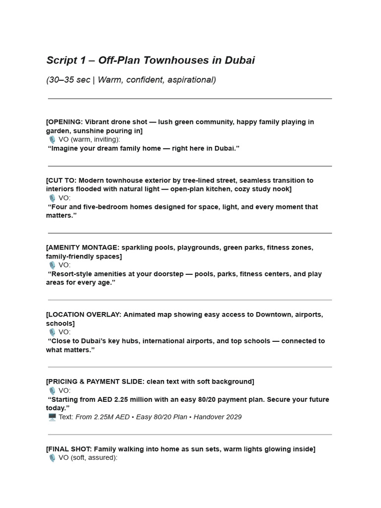 Script 1 - Off-Plan Townhouses in Dubai: (30-35 Sec - Warm, Confident ...