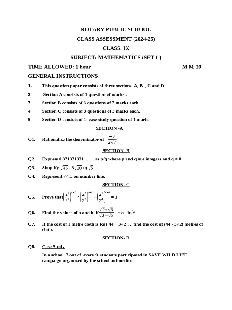 Class Assessment IX Maths 2024-25 | PDF | Square Root | Decimal