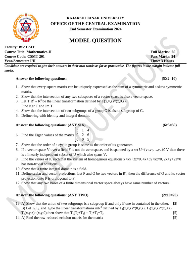 Mathematics II Model Question Paper 2078 | PDF | Vector Space | Matrix ...