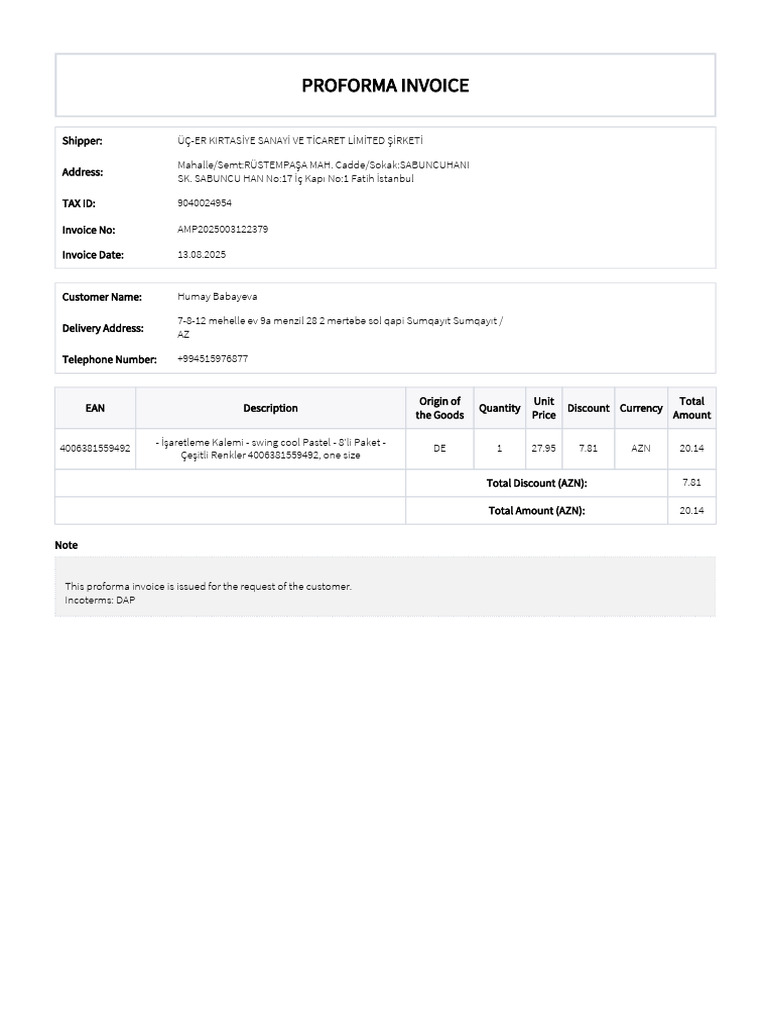 Proforma Invoice: Shipper: Address: Tax Id: Invoice No: Invoice Date | PDF