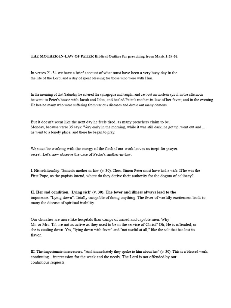 THE MOTHER-IN-LAW OF PETER Biblical Outline For Preaching From Mark 1 ...
