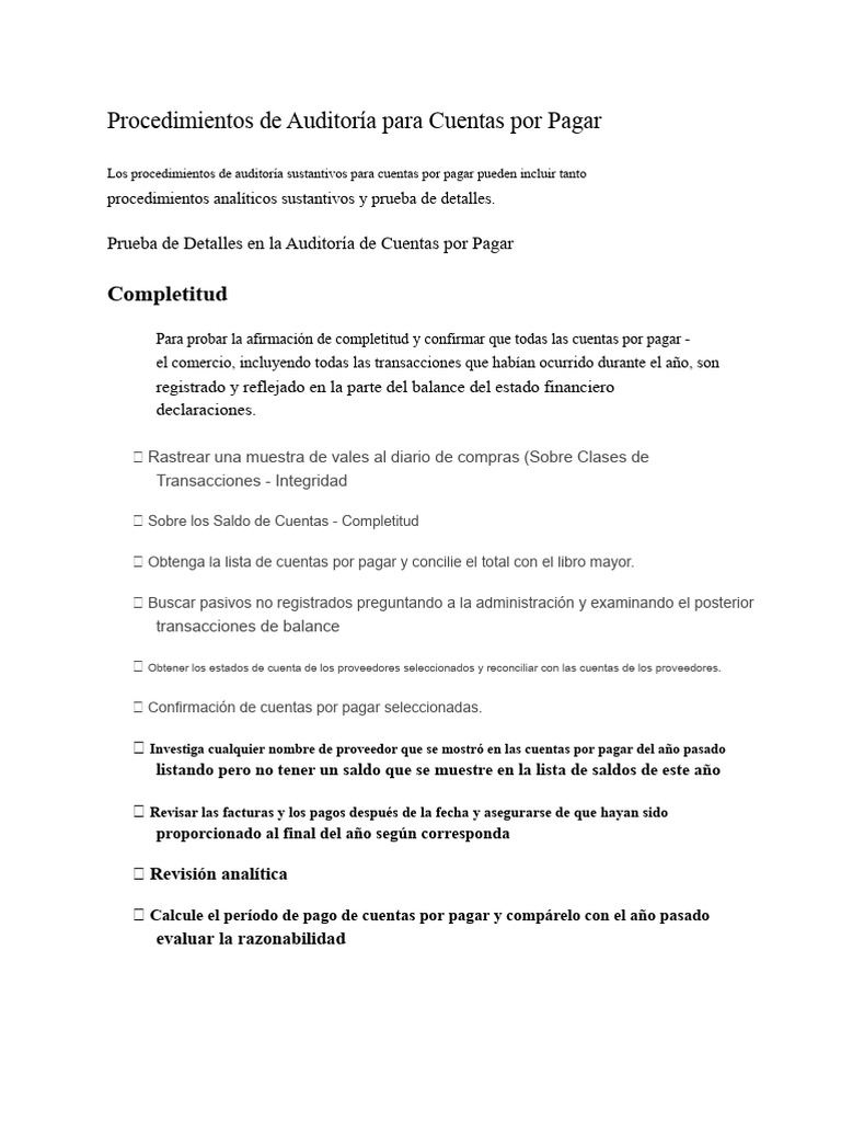 Procedimientos de Auditoría para Cuentas Por Pagar | PDF | Cuentas por ...
