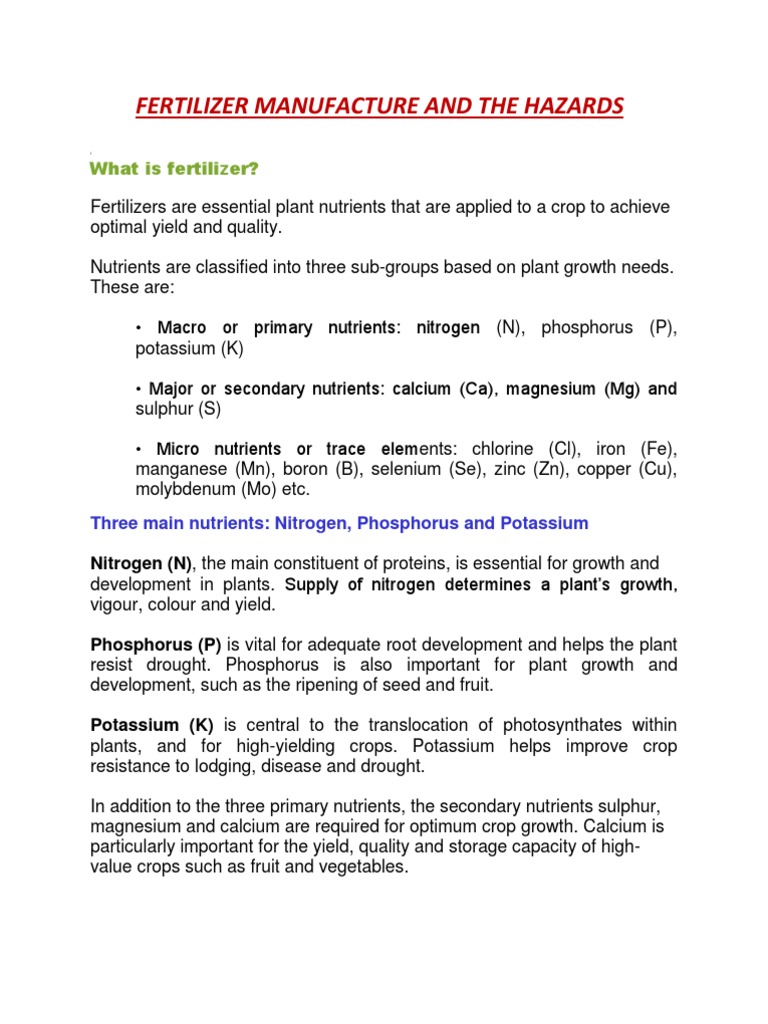 Fertilizer Manufacture and the Hazards Plant Nutrition Ammonia