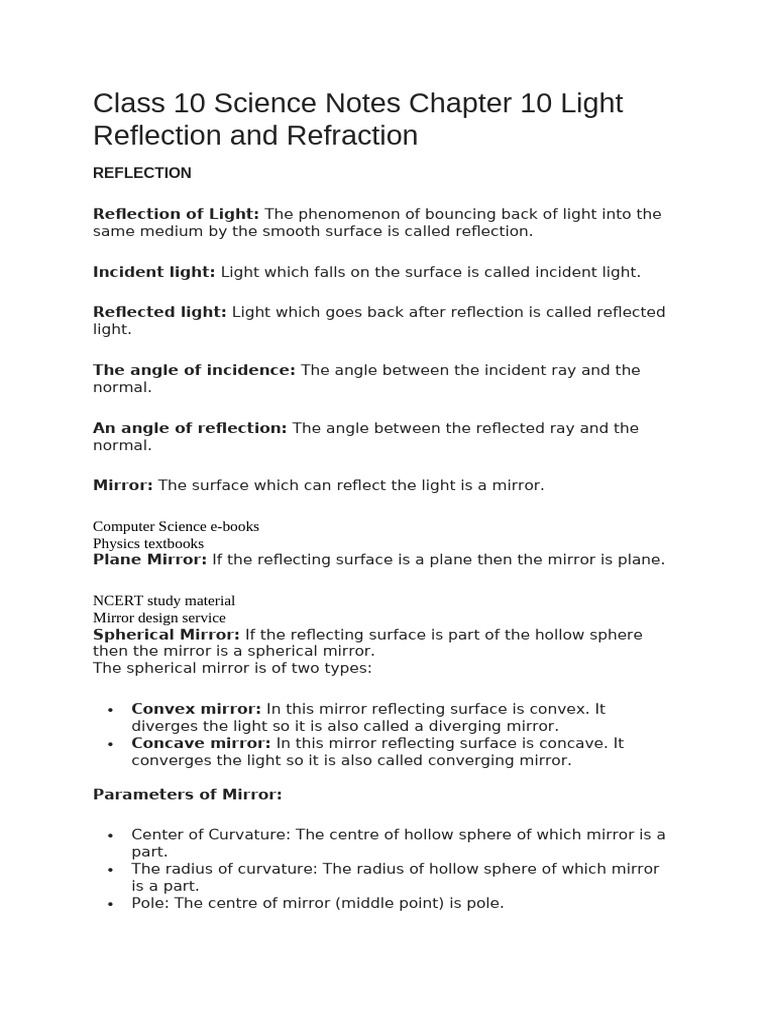 Class 10 Science: Light Reflection & Refraction | PDF | Mirror | Optics