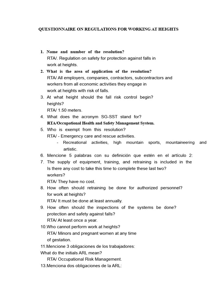 Questionnaire On Regulations For Work at Heights | PDF | Elevator