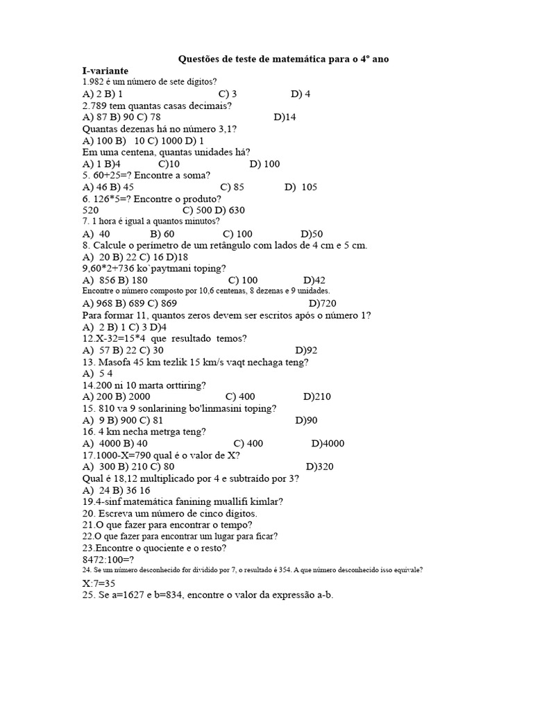 Testes de Matemática 4º Ano | PDF | Matemática discreta | Matemática