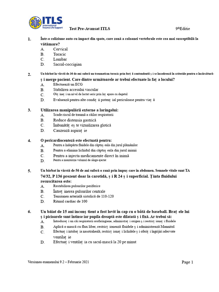 ITLS 9e Test Preliminar Avansat - Versiunea 9.2 | PDF