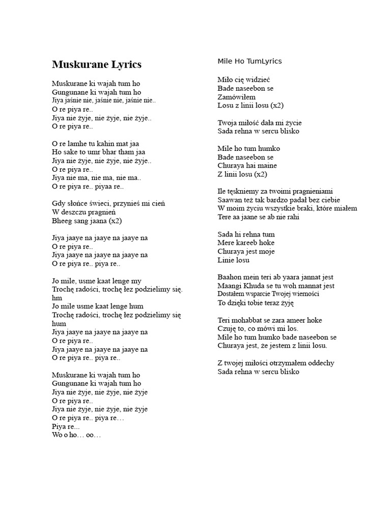 Muskurane Lyrics | PDF