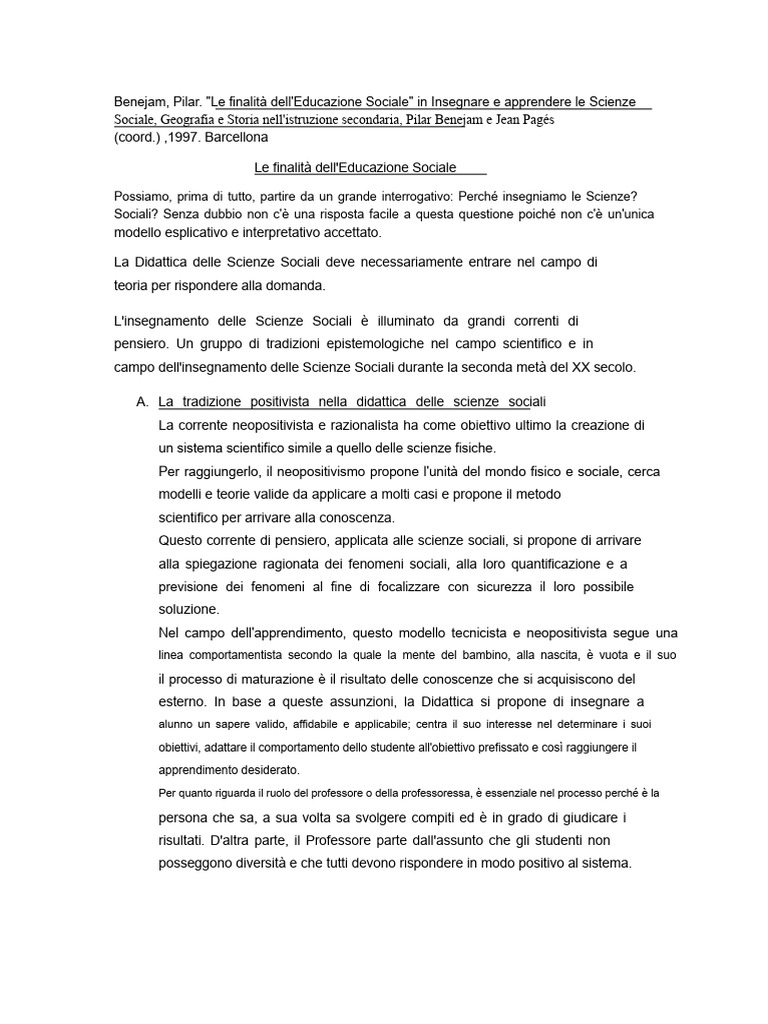 Benejam, Pilar. Le Finalità Dell'educazione | PDF