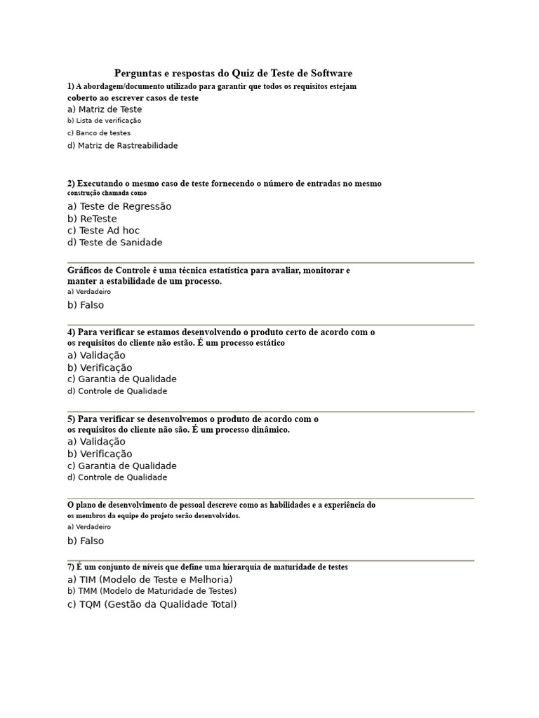 Quiz sobre Teste de Software | PDF | Testes de software | Qualidade ...
