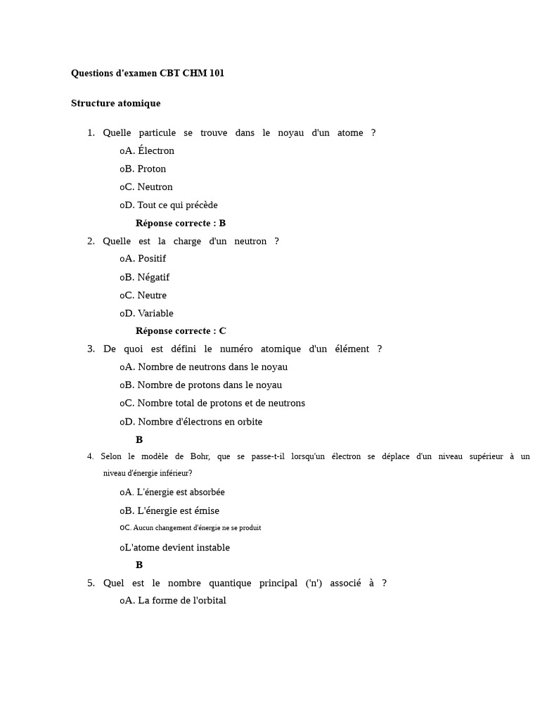 Questions d'examen CHM 101 sur la chimie | PDF | Atomes | Liaison chimique