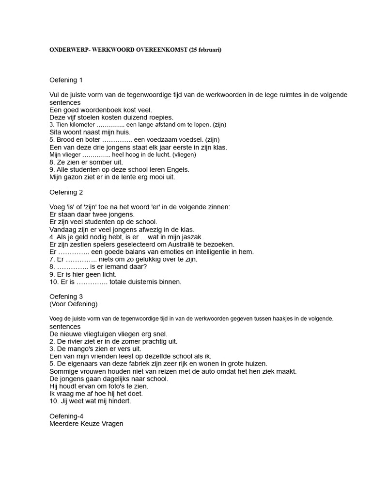 Onderwerp - Werkwoordovereenstemming (25 Februari) | PDF