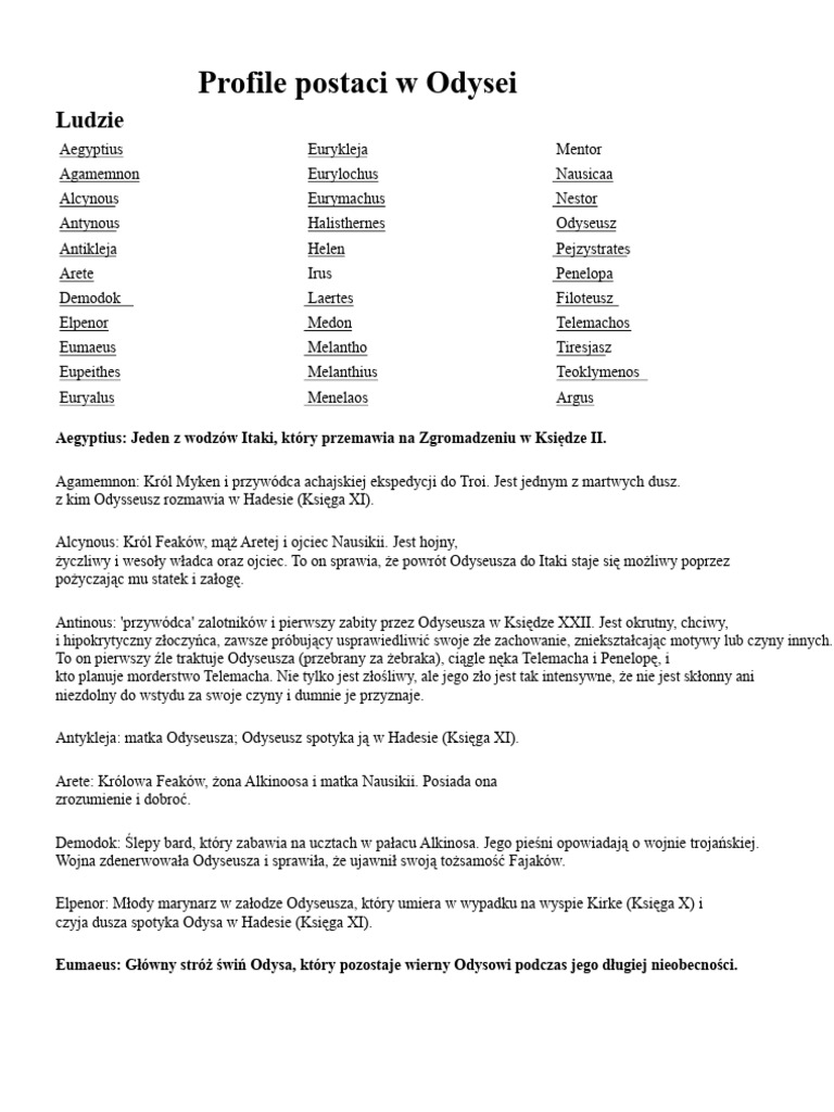 Profil Postaci W Odysei | PDF