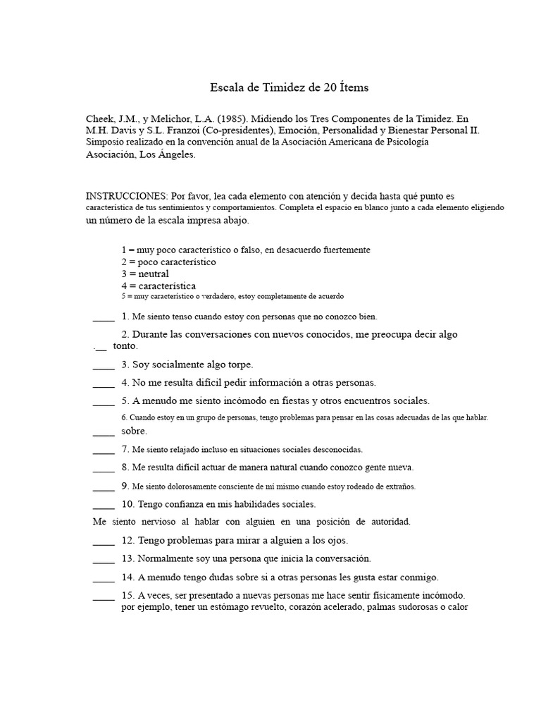 Escala de Timidez: Evaluación y Puntuación | PDF | Timidez | Psicología ...