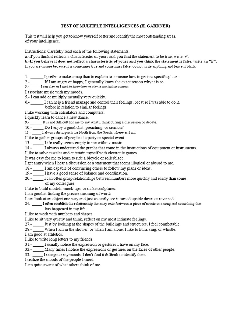 Multiple Intelligences Self-Test Guide | PDF | Intelligence | Learning