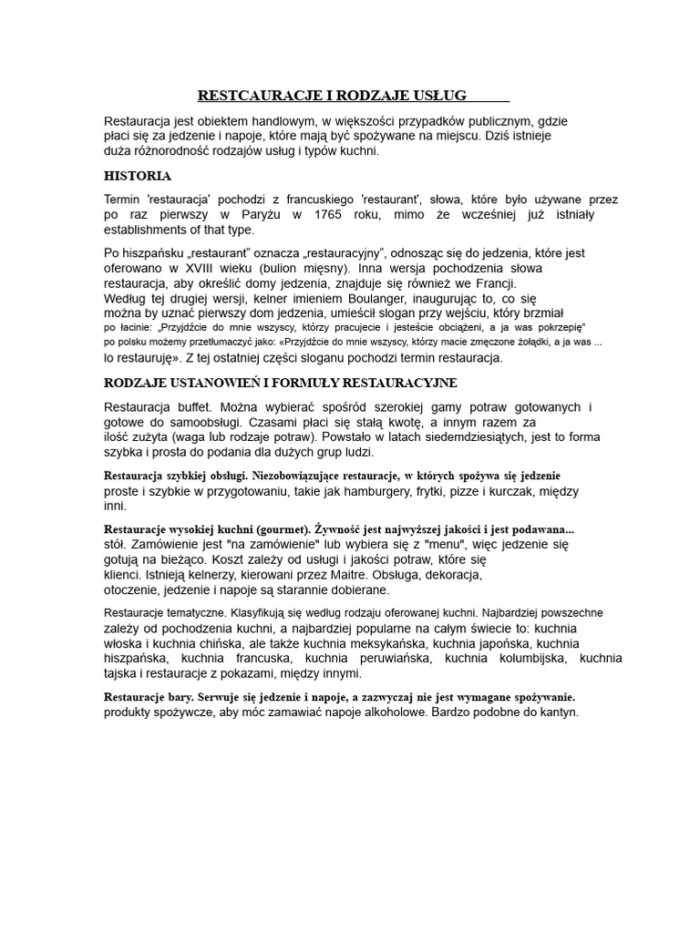 Restauracje I Rodzaje Usług | PDF