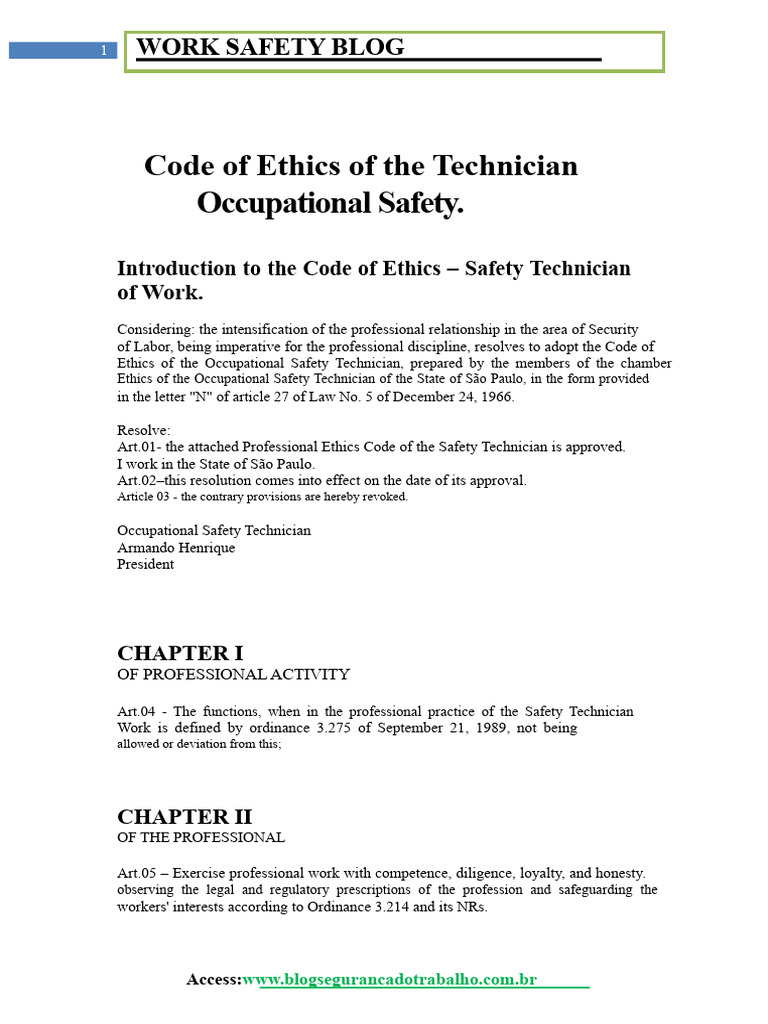 Code of Ethics for Safety Technicians | PDF | Occupational Safety And ...