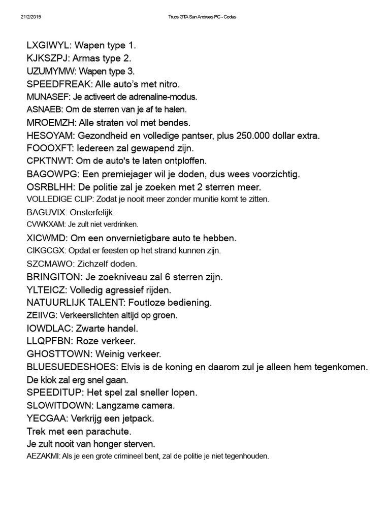 GTA San Andreas PC - Cheats | PDF