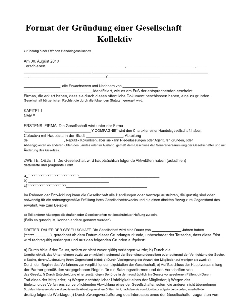 Formular Für Die Gründung Einer Gesellschaft Bürgerlichen Rechts | PDF