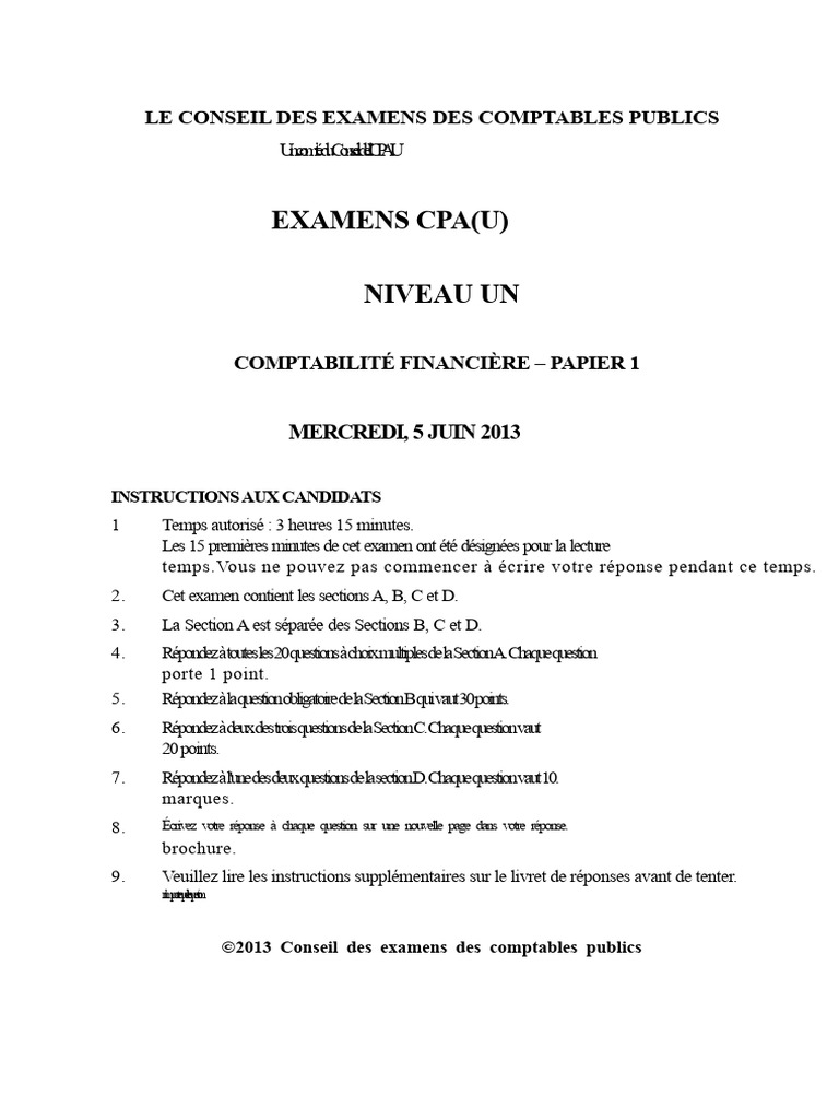 CPA 1 Sujet de L'examen 1 - Comptabilité Financière | PDF ...