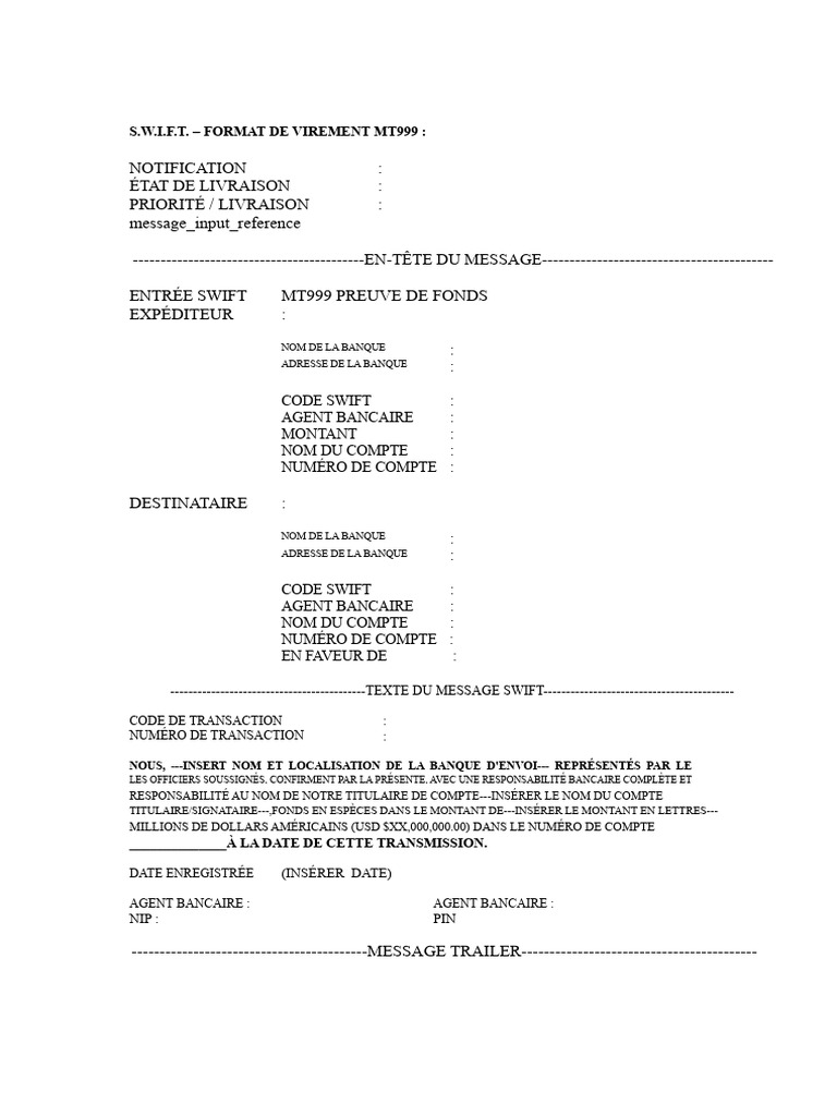 Format MT999 de virement SWIFT | PDF