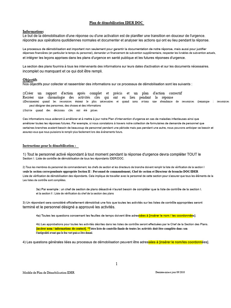 Plan de Démobilisation IDER DOC | PDF | Microsoft Word | Microsoft Excel