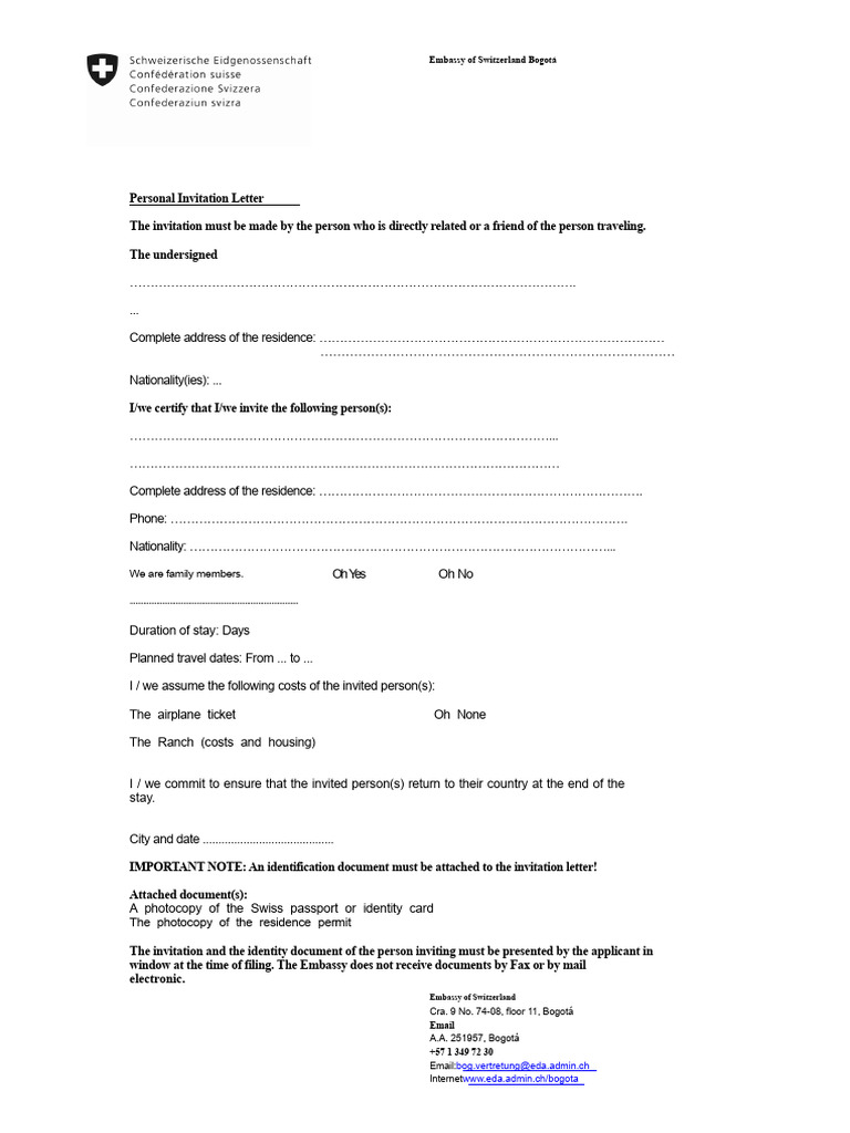 Swiss Visa Invitation Letter Template | PDF | Identity Document ...