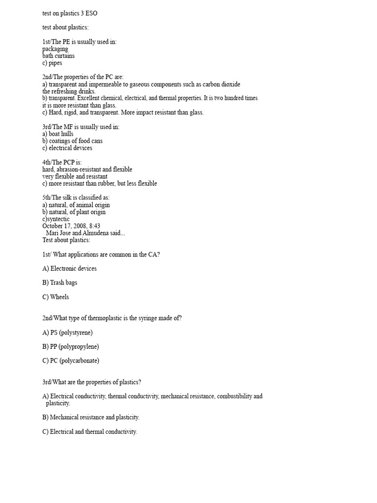 Comprehensive Plastics Test for ESO | PDF | Thermoplastic | Plastic