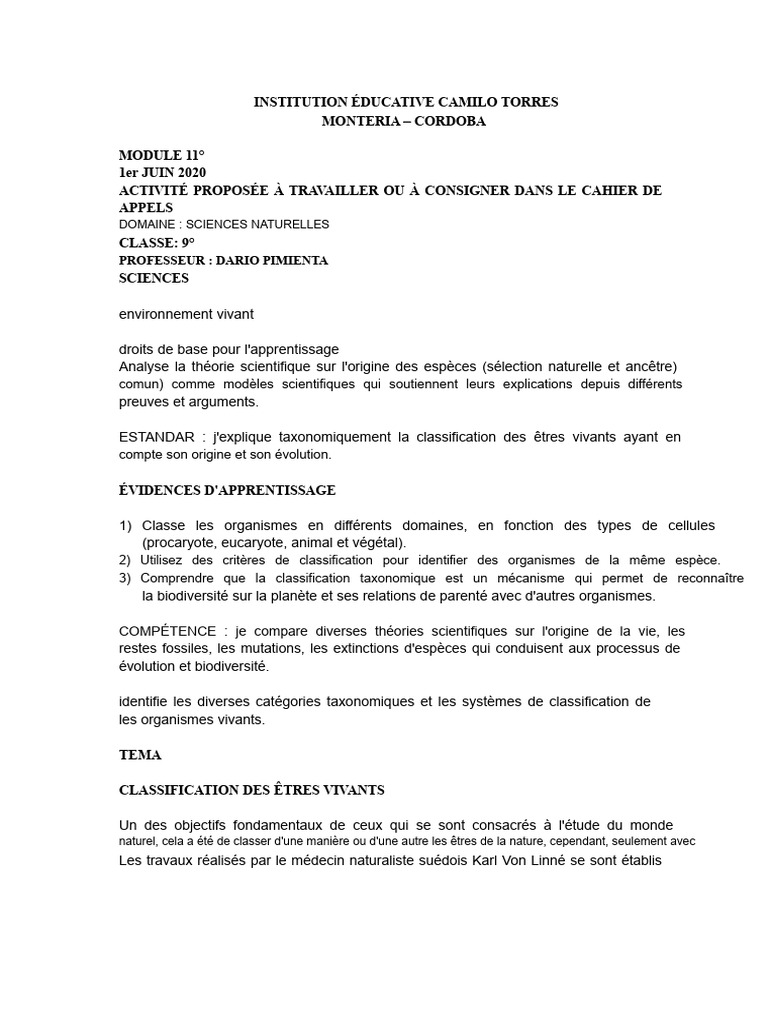 Classification des êtres vivants | PDF | Taxonomie (Biologie) | Espèces