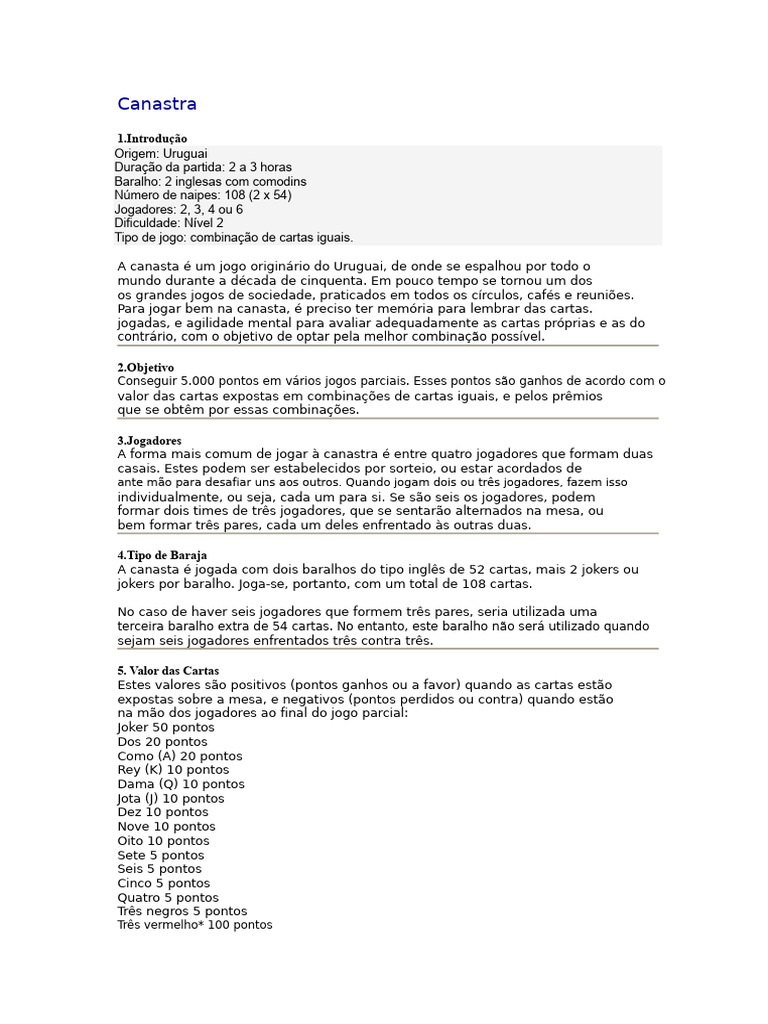 Regras de Canastra | PDF | Cartas de baralho | Coisas efêmeras