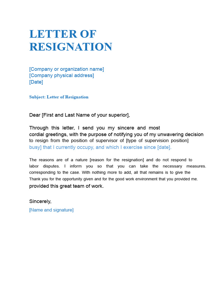 Resignation Letter Template for Supervisors | PDF | Regulatory ...