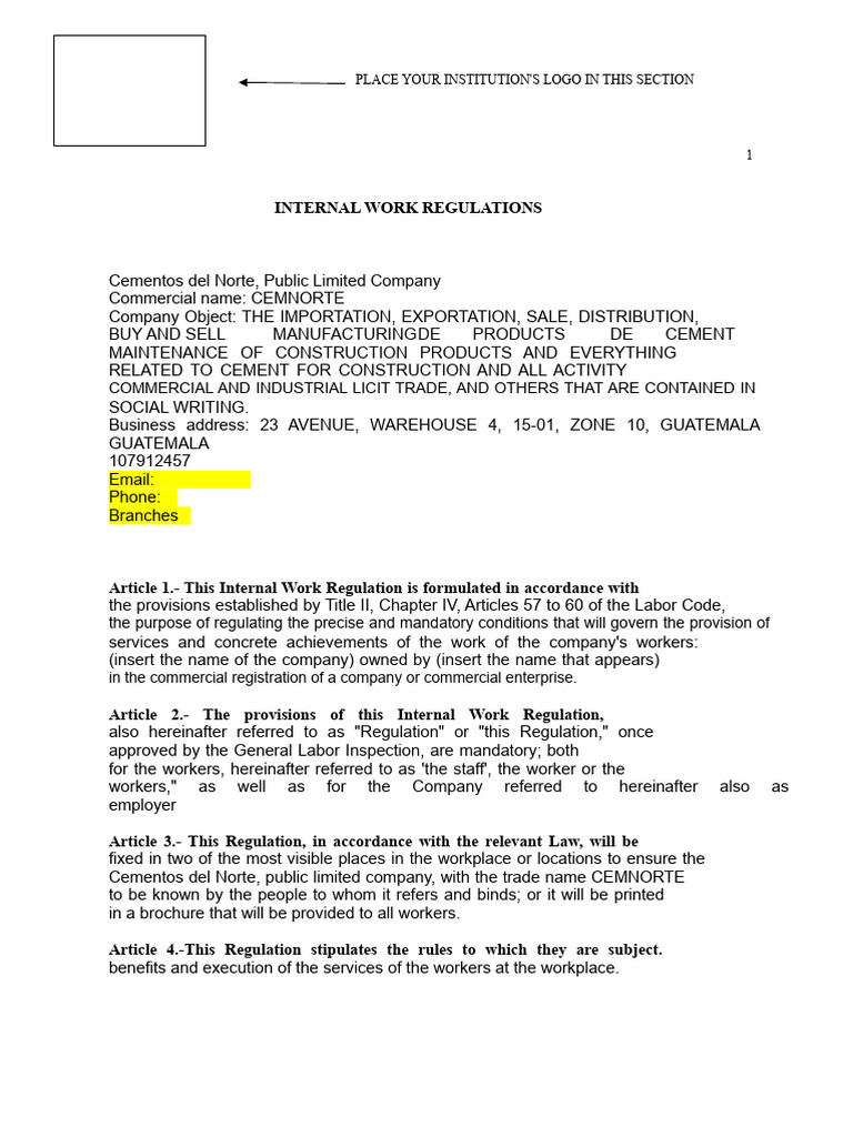 Internal Work Regulations for CEMNORTE | PDF | Occupational Safety And ...