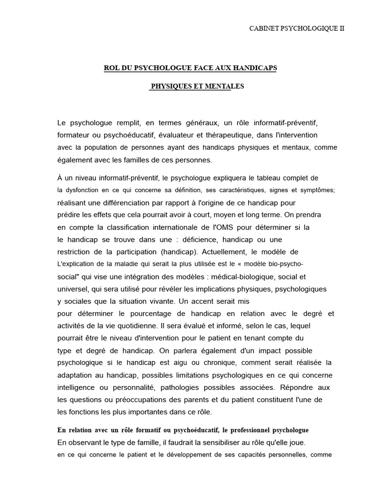 Rôle du Psychologue auprès des Handicaps | PDF | Invalidité | Psychologie