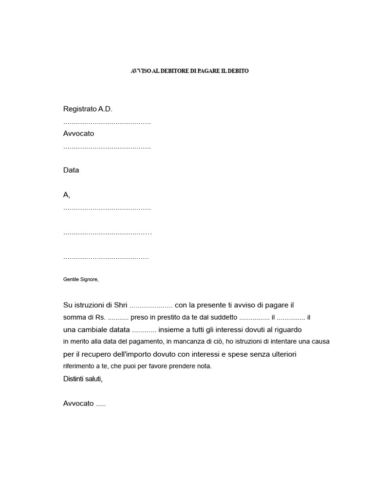 Avviso Al Debitore Di Pagare Il Debito | PDF
