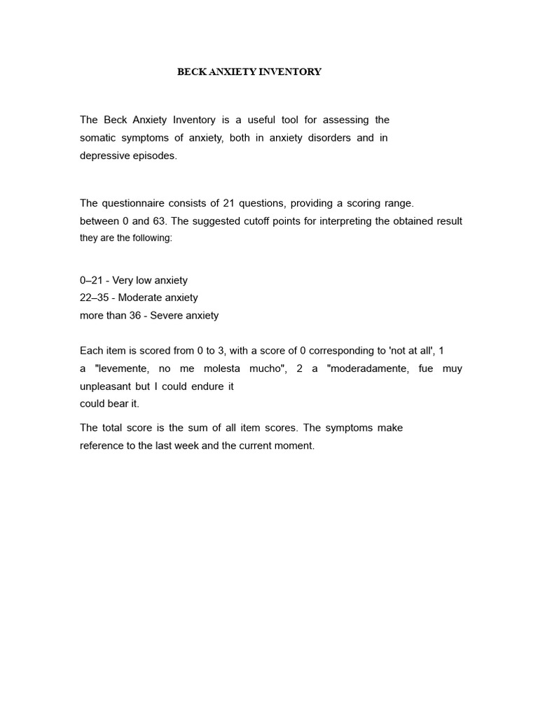 Beck Anxiety Inventory Assessment | PDF