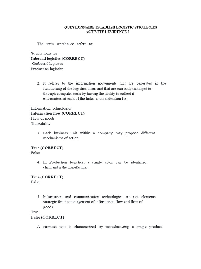 Logistic Strategies Questionnaire | PDF | Logistics | Supply Chain